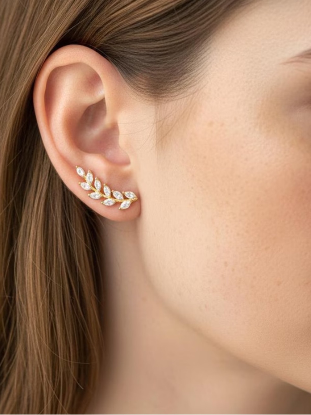 Gold Leaf Crystal Ear Climbers - Elegant Women’s Jewelry